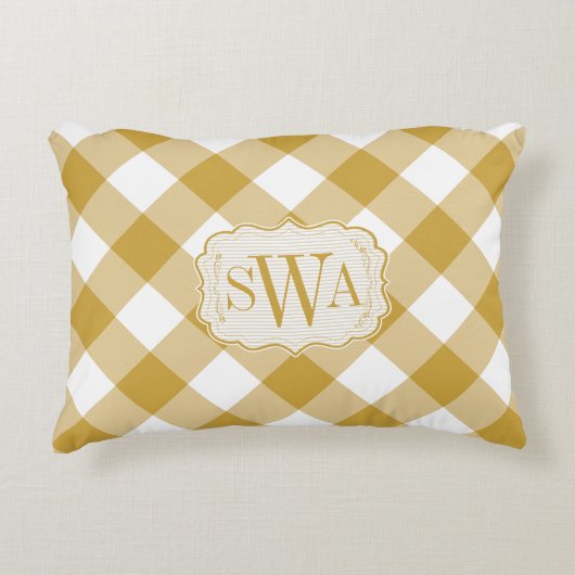 イエローサフロンマスタードギンガムファミリーモノグラムの アクセントクッション (正面)