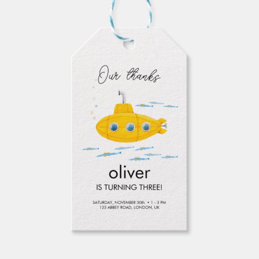 イエローサブマリン子供の誕生日サンキューラベル ギフトタグ (正面)