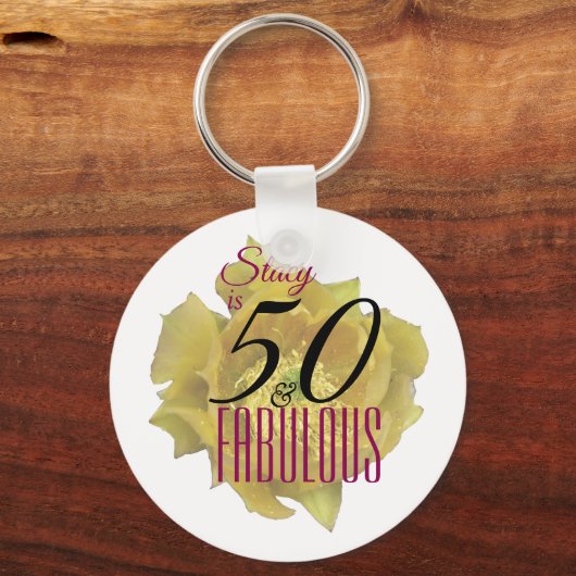 イエローサボスフラワー50と素晴らしい誕生日 キーホルダー (正面)