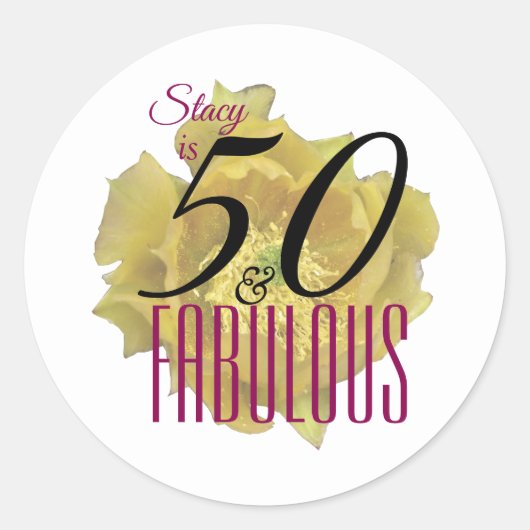 イエローサボスフラワー50と素晴らしい誕生日 ラウンドシール (正面)