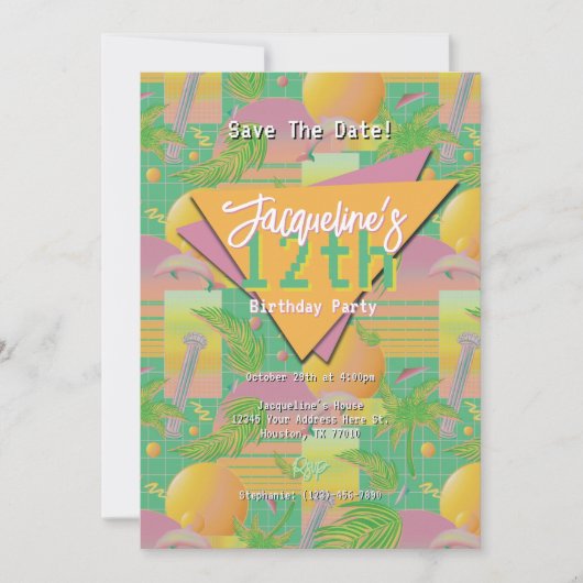 イエローサマーベイパウェーブサンセット誕生日 招待状 (正面)