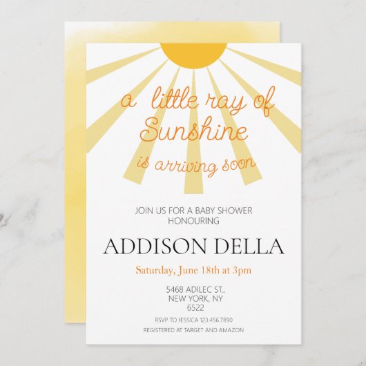 イエローサンシャインベビーシャワー 招待状 (正面/裏面)