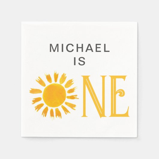イエローサンパーソナライズされたファースト誕生日パーティー スタンダードカクテルナプキン (正面)