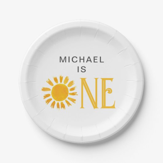 イエローサンパーソナライズされたファースト誕生日パーティー ペーパープレート (正面)