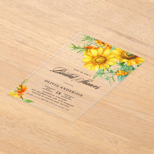 イエローサンフラワーアンドシーバックトーンブライダルシャワー アクリル招待状 (レイダウン)