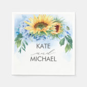 イエローサンフラワーアンドダスティブルーアジサイ秋 スタンダードカクテルナプキン (正面)