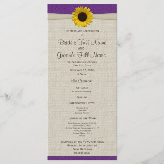 イエローサンフラワーアンドバーラップパープル結婚式 プログラム (正面)