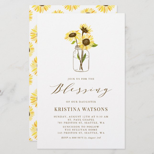 イエローサンフラワーインメイソンジャーベビー賛美招待状 (正面/裏面)