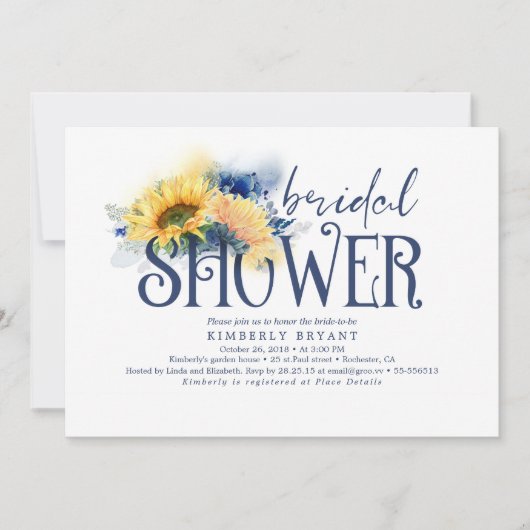 イエローサンフラワーエレガントズネイビーブルーブライダルシャワー 招待状 (正面)