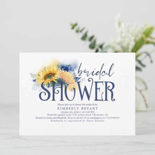 イエローサンフラワーエレガントズネイビーブルーブライダルシャワー 招待状 (スタンド正面)