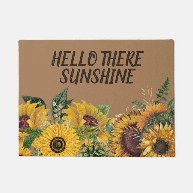 イエローサンフラワーオンブラウンハローサンシャイン ドアマット (正面)