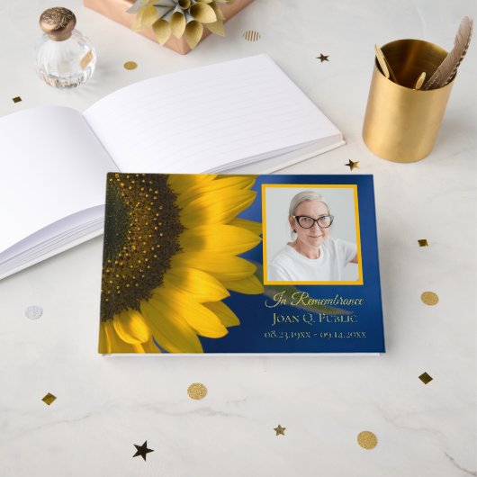 イエローサンフラワーオンブルーお祝いオブライフ ゲストブック (正面見開き)