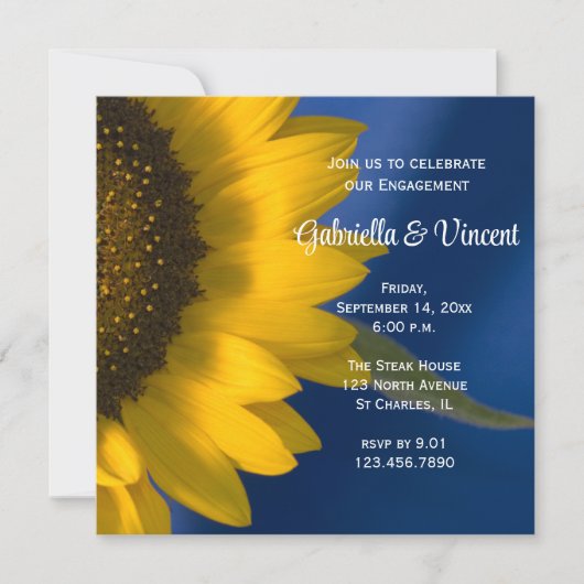 イエローサンフラワーオンブルー婚約パーティ 招待状 (正面)