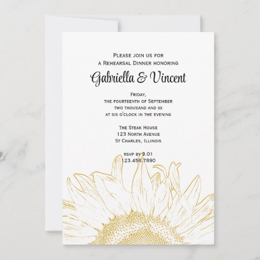 イエローサンフラワーグラフィック結婚スのリハーサルディナー 招待状 (正面)