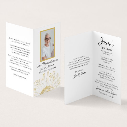 イエローサンフラワーグラフィック葬儀記念祈りの言葉 名刺 (内部&外部)