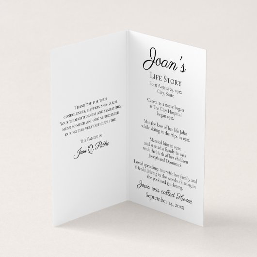 イエローサンフラワーグラフィック葬儀記念祈りの言葉 名刺 (内部)