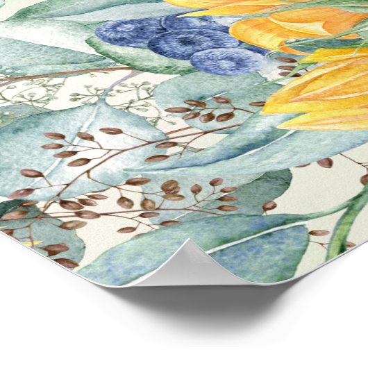 イエローサンフラワーグリーンユーカリ葉スズ結婚ズ ポスター (角)