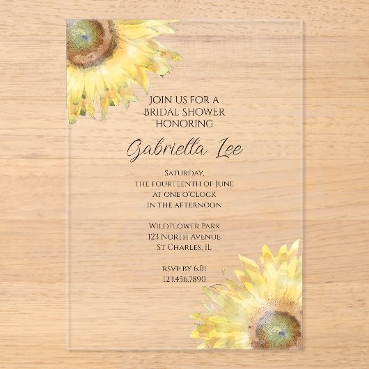 イエローサンフラワーズウォーターブライダルシャワー アクリル招待状 (正面)