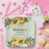 イエローサンフラワーズグリーンユーカリ誕生日 ペーパープレート (パーティー)