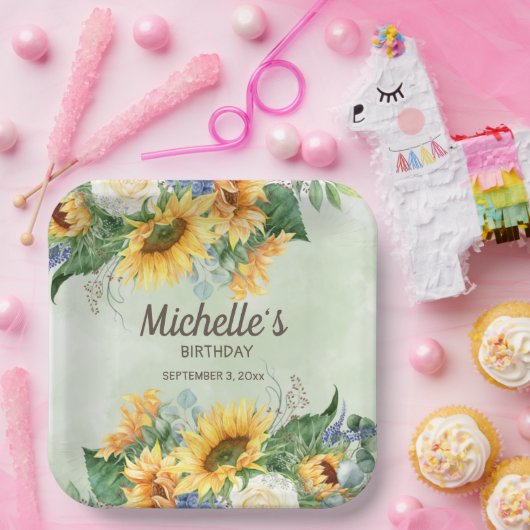 イエローサンフラワーズグリーンユーカリ誕生日 ペーパープレート (パーティー)