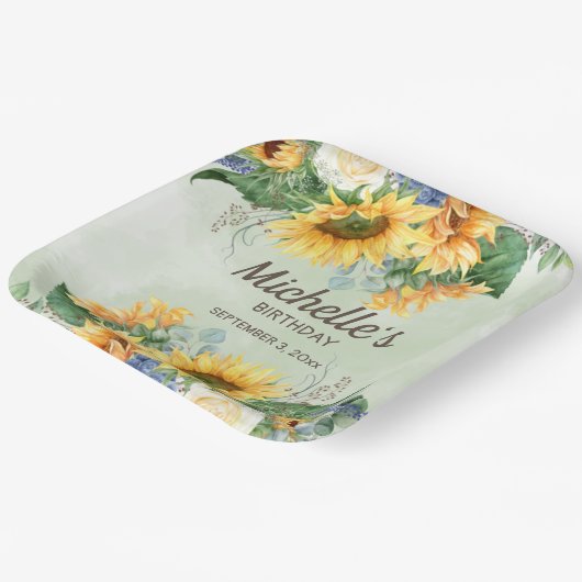 イエローサンフラワーズグリーンユーカリ誕生日 ペーパープレート (傾斜あり)