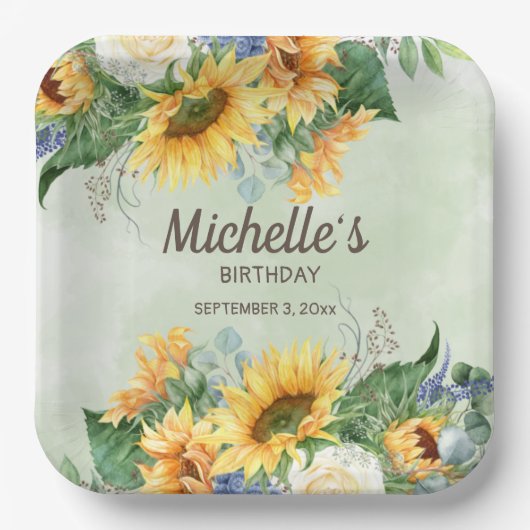 イエローサンフラワーズグリーンユーカリ誕生日 ペーパープレート (正面)