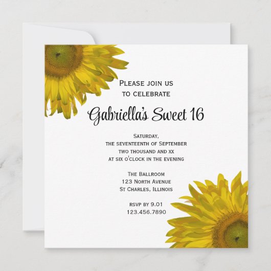 イエローサンフラワーズスウィート16誕生日パーティー 招待状 (正面)