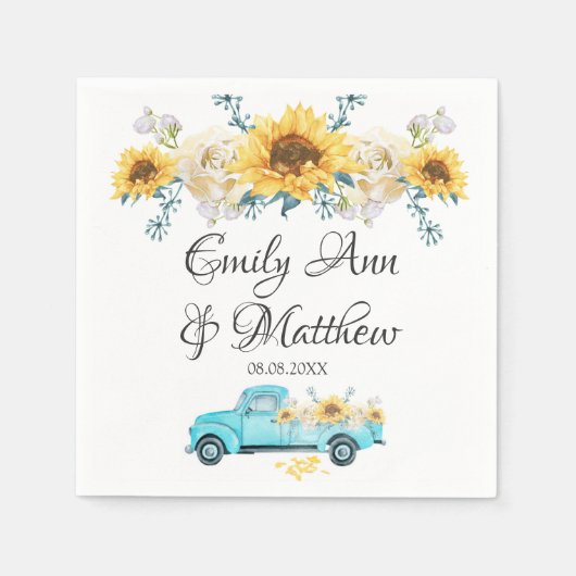 イエローサンフラワーズターコイズヴィンテージ結婚トラック スタンダードカクテルナプキン (正面)