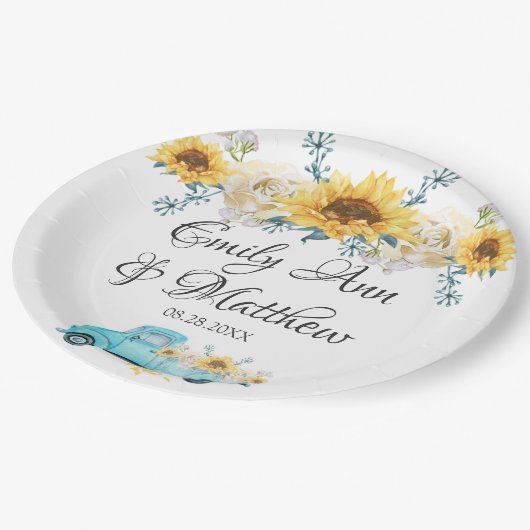 イエローサンフラワーズターコイズヴィンテージ結婚トラック ペーパープレート (アングル)