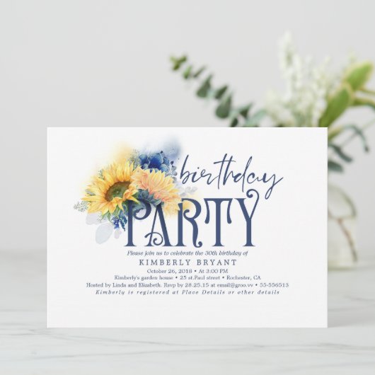 イエローサンフラワーズネエレガントービーブルー誕生日 招待状 (スタンド正面)
