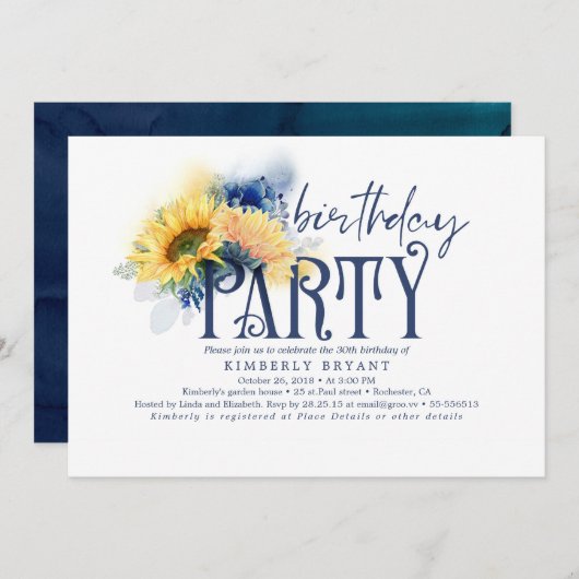 イエローサンフラワーズネエレガントービーブルー誕生日 招待状 (正面/裏面)