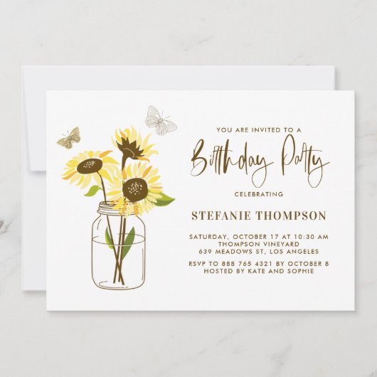 イエローサンフラワーズバースデーパーティー付きメイソンジャー 招待状 (正面)