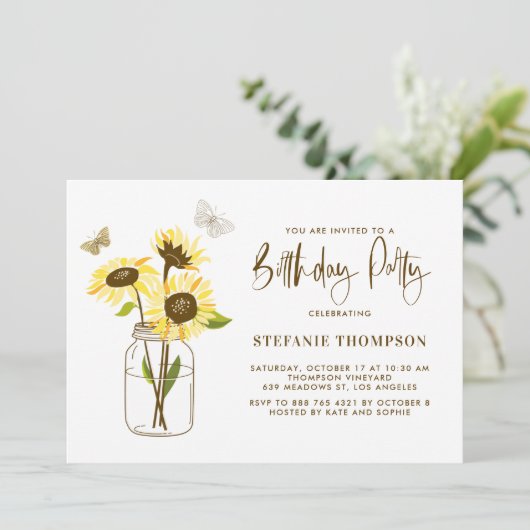 イエローサンフラワーズバースデーパーティー付きメイソンジャー 招待状 (スタンド正面)