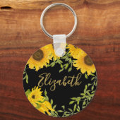 イエローサンフラワーズフローラ名前をカスタムするブラック キーホルダー (正面)