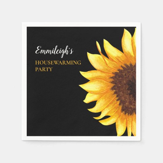 イエローサンフラワーズブラック引っ越し祝いパーティーパーティー スタンダードカクテルナプキン (正面)