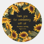 イエローサンフラワーズブラック誕生日ありがとう ラウンドシール (正面)