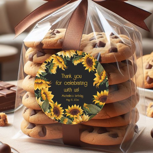 イエローサンフラワーズブラック誕生日ありがとう ラウンドシール