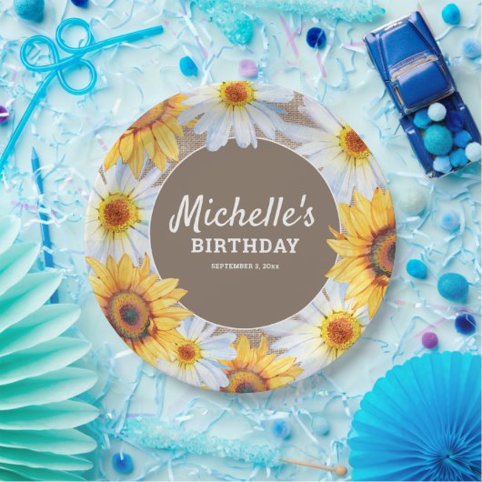 イエローサンフラワーズホワイトデイジーバーラップ誕生日 ペーパープレート (パーティー)