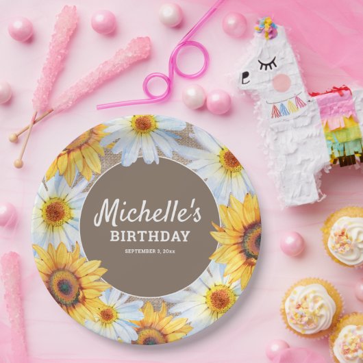 イエローサンフラワーズホワイトデイジーバーラップ誕生日 ペーパープレート (パーティー)
