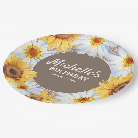 イエローサンフラワーズホワイトデイジーバーラップ誕生日 ペーパープレート (アングル)
