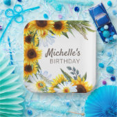 イエローサンフラワーズホワイトデイジー誕生日名 ペーパープレート (パーティー)