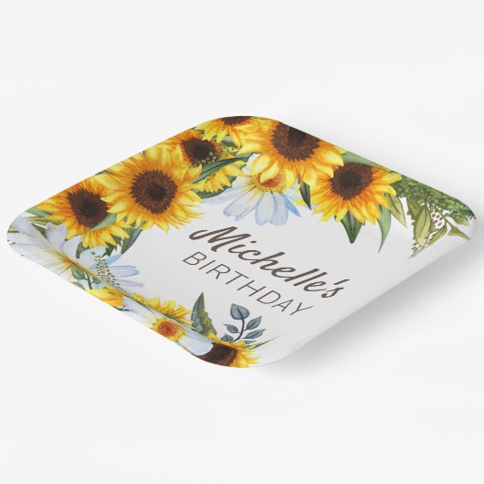 イエローサンフラワーズホワイトデイジー誕生日名 ペーパープレート (傾斜あり)