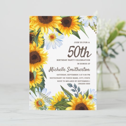 イエローサンフラワーズホワイトデイジー50誕生日 招待状 (スタンド正面)