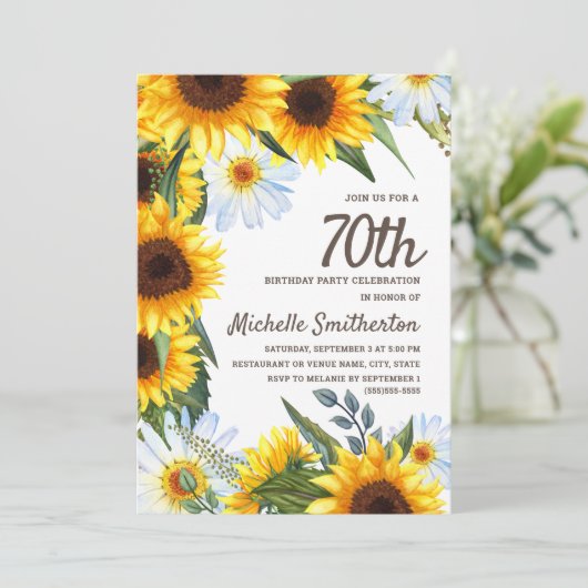 イエローサンフラワーズホワイトデイジー70誕生日 招待状 (スタンド正面)