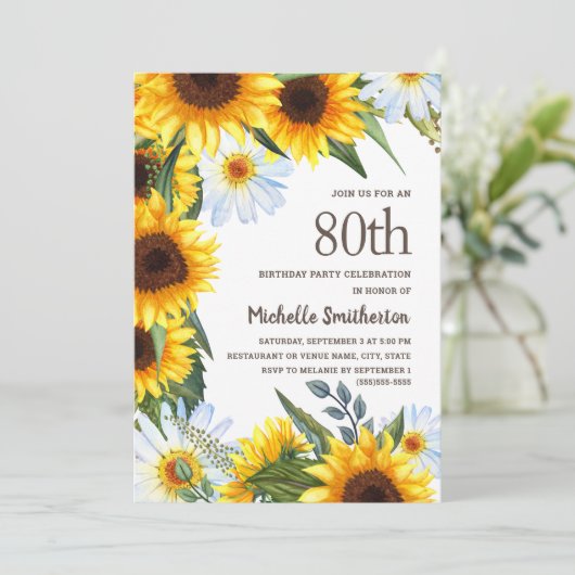 イエローサンフラワーズホワイトデイジー80誕生日 招待状 (スタンド正面)