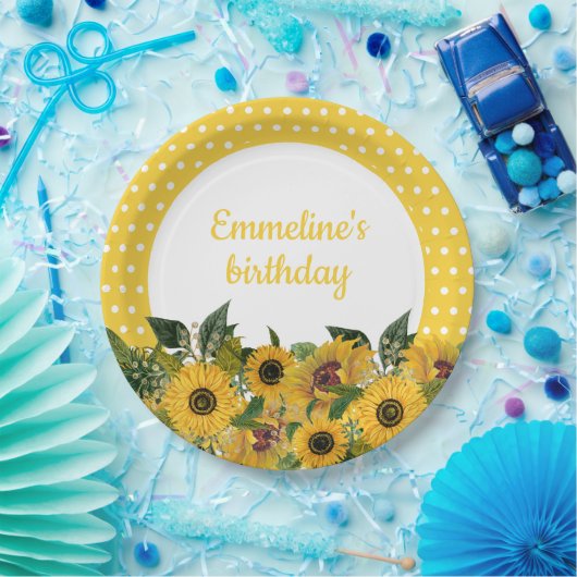 イエローサンフラワーズホワイト水玉模様バースデーパーティー ペーパープレート (パーティー)
