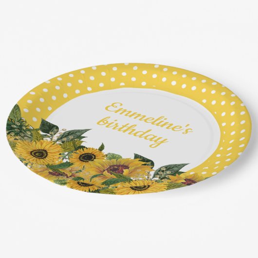 イエローサンフラワーズホワイト水玉模様バースデーパーティー ペーパープレート (アングル)