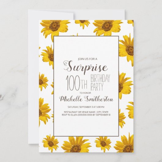 イエローサンフラワーズホワイト100th誕生日パーティー 招待状 (正面)