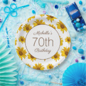 イエローサンフラワーズホワイト70誕生日 ペーパープレート (パーティー)