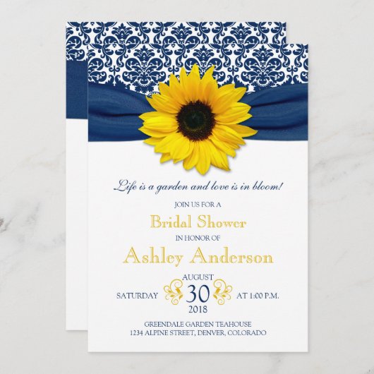 イエローサンフラワーネイビーダマスクブライダルシャワー招待状 招待状 (正面/裏面)